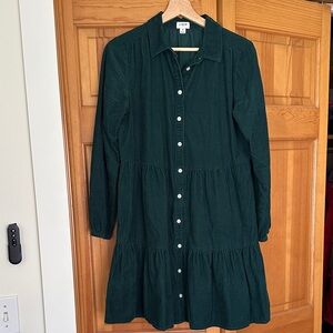 J. Crew Forest Green Long-Sleeve Button-Front Tiered Dress